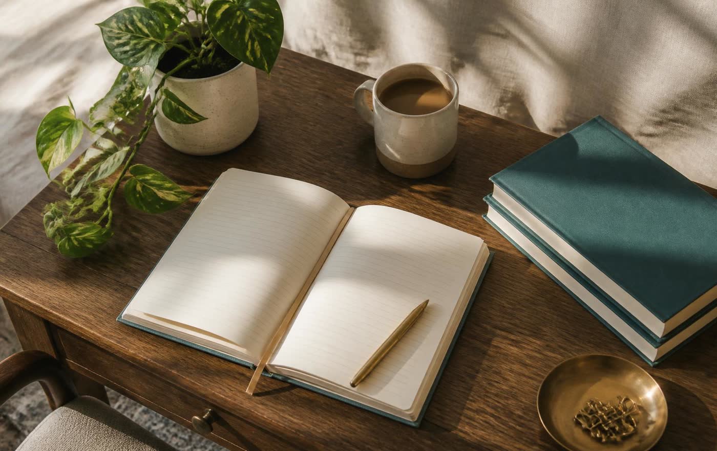 A quiet writing desk with soft natural light