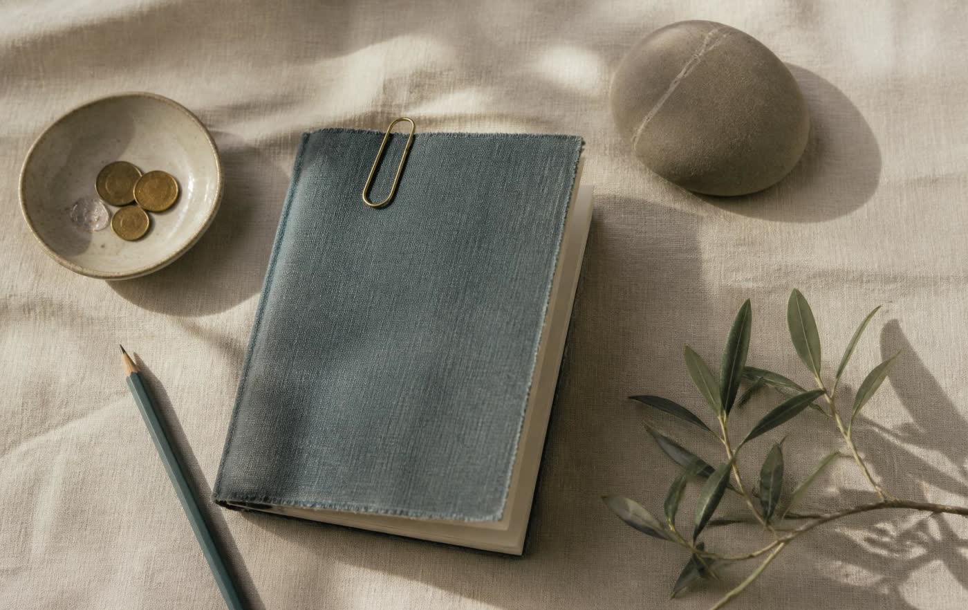 An open planner, a teal coffee cup, and reading glasses on a warm ivory desk