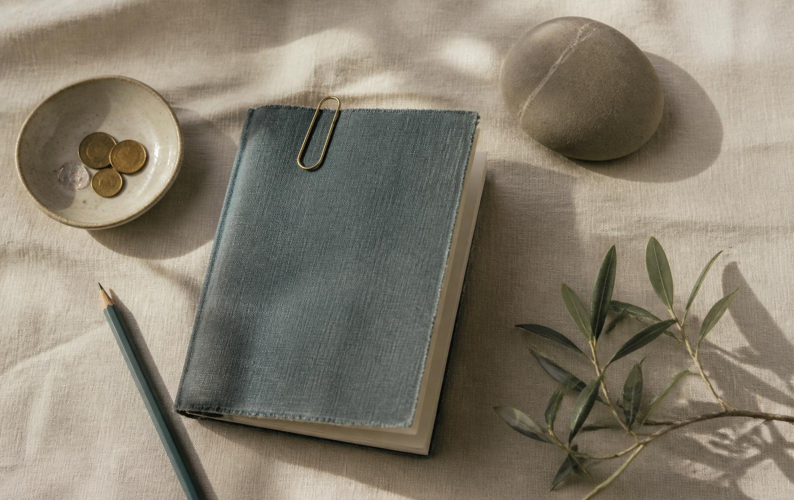 An open planner, a teal coffee cup, and reading glasses on a warm ivory desk