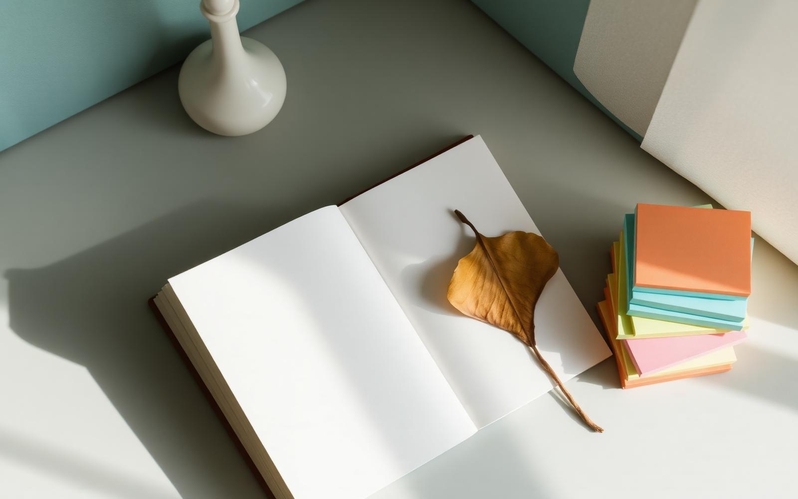 A quiet desk with an open journal, dried leaf, and a stack of sticky notes