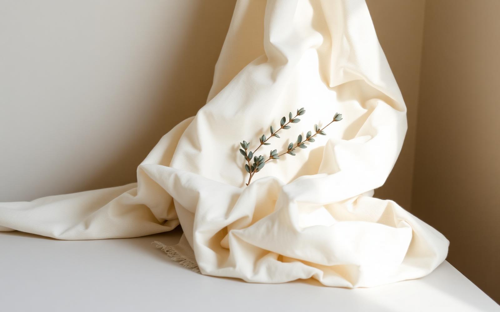 Soft ivory linen with a small dried sprig resting on it