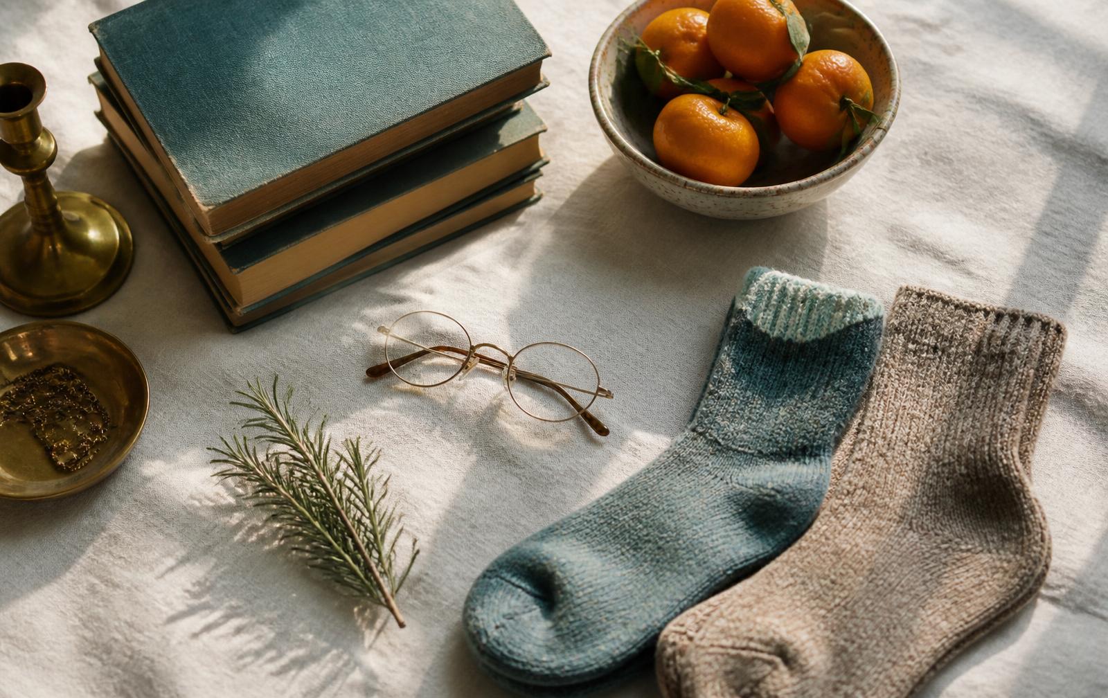 A softly lit reading corner with a knit throw over a chair and books on a side table