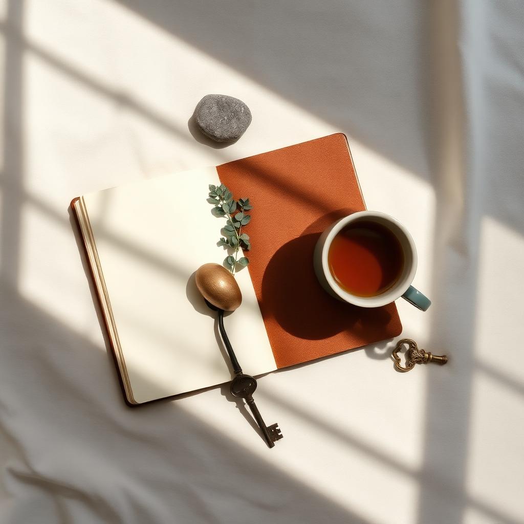 Journal, river stone, and eucalyptus in soft window light - a grounded space for trauma therapy